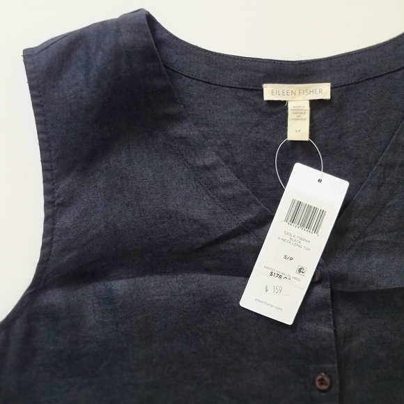 NWT EILEEN FISHER Black Linen Sleeveless Button Front Long Tunic, Size S/P - Picture 4 of 10